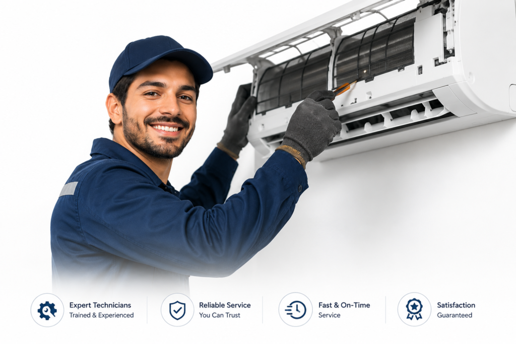 Home Professional split AC technician repairing an indoor air conditioner at a customer's home in mumbai.