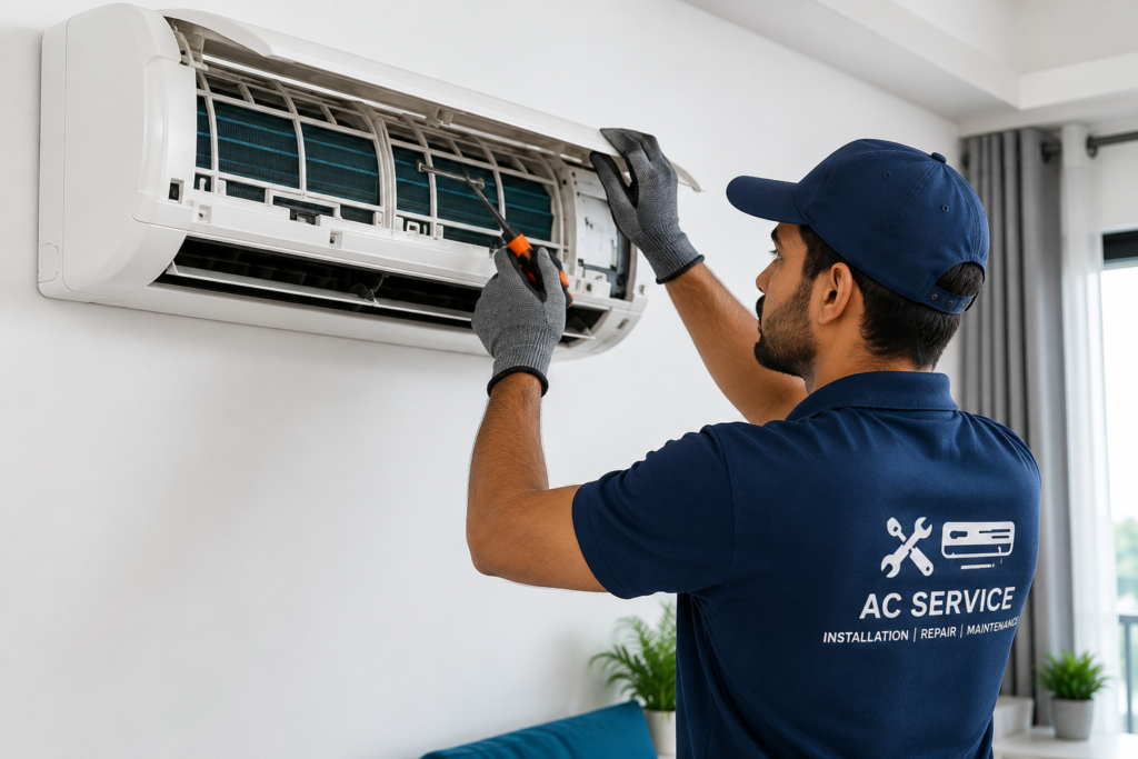 Home Expert AC technician providing split AC repair and maintenance service.